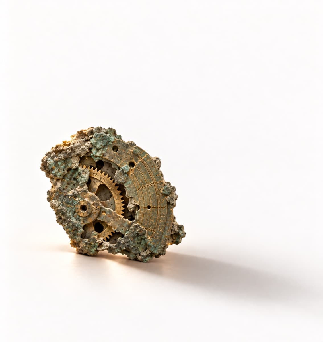 A stylized corroded fragment inspired by the Antikythera mechanism