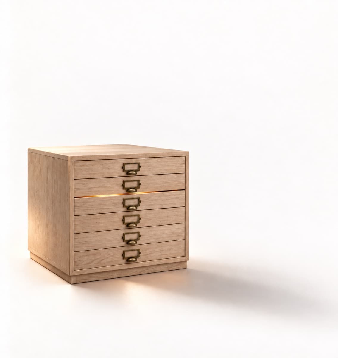 A pale wooden museum specimen cabinet with one drawer nearly closed